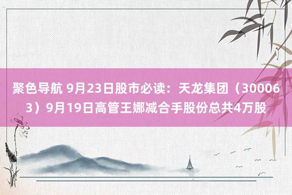 聚色导航 9月23日股市必读：天龙集团（300063）9月19日高管王娜减合手股份总共4万股